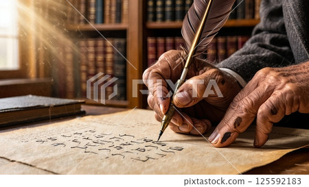 Jewish Rabbi Handwriting a Torah Scroll in a Sunlit Study, Sacred Calligraphy Jewish Rabbi Handwriting a Torah Scroll in a Sunlit Study, Sacred Calligraphy 125592183