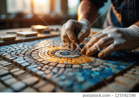 Roman Mosaic Artist Restoring Ancient Tilework in Pompeii, Fragile Heritage Conservation 125592190