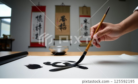 Calligrapher Painting Chinese Characters with Ink Brush, Meditative Precision Calligrapher Painting Chinese Characters with Ink Brush, Meditative Precision 125592195