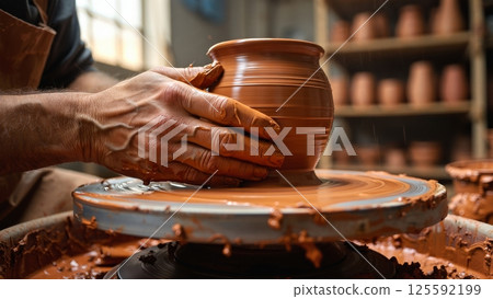 Elderly Potter Shaping Clay on a Wooden Wheel, Timeless Ceramic Artistry 125592199