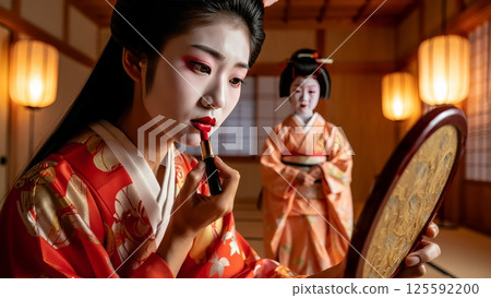 Geisha Applying Makeup in a Gilded Mirror, Kyoto Vanishing Art Form 125592200