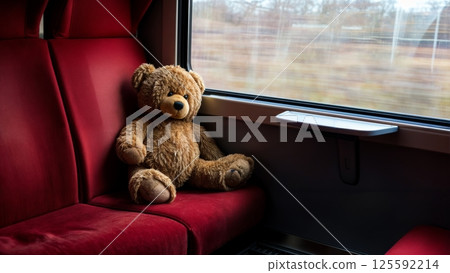 Abandoned Teddy Bear on a Train Seat: Lost Love and Childhood Innocence Concept, loneliness Abandoned Teddy Bear on a Train Seat: Lost Love and Childhood Innocence Concept, loneliness 125592214