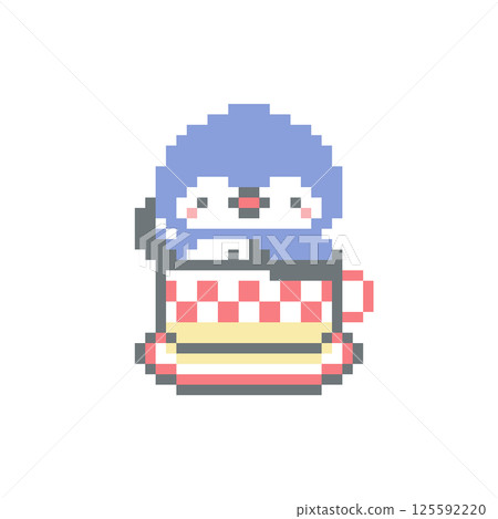 Pixel art of a red coffee cup and an owl raising its hand 125592220