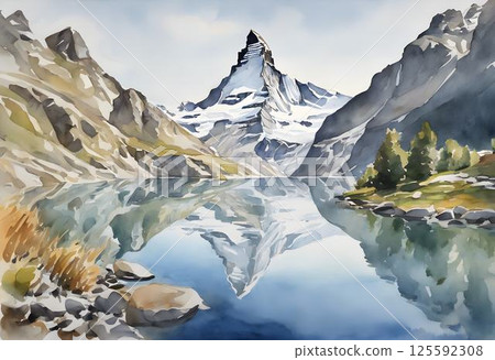 Iconic Swiss Alps Reflected in Watercolor 125592308