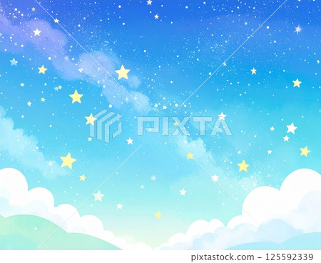 Background illustration of clouds and stars flowing in the night sky 125592339
