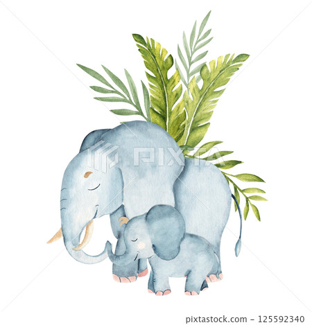 Elephant Family with Tropical leaves. Baby elephant is hugging its mom or dad by the trunk. Hand drawn watercolor Safari animals illustration isolated on a white background. Happy mothers day, Happy Elephant Family with Tropical leaves. Baby elephant is hugging its mom or dad by the trunk. Hand drawn watercolor Safari animals illustration isolated on a white background. Happy mothers day, Happy 125592340