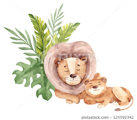 Cute lion dad with his cub lying in Tropical leaves. Fathers Day Illustration. Watercolor hand drawn Safari animals Composition. Perfect for cards and posters, clothes prints and wallpaper design. 125592342