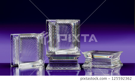 Group of transparent glass blocks on purple background. Capturing abstract patterns and light distortion. Building assortment for home, bathroom and office. Group of transparent glass blocks on purple background. Capturing abstract patterns and light distortion. Building assortment for home, bathroom and office. 125592362