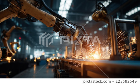 Robotic Arms Welding in a Modern Industrial Manufacturing Facility 125592549