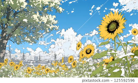 盛開的向日葵和盛夏的藍天 盛開的向日葵和盛夏的藍天 125592596