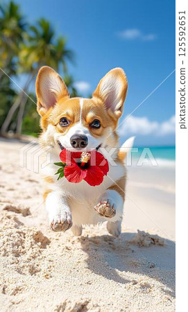 一隻柴犬在海灘上奔跑,嘴裡叼著一朵芙蓉花 一隻柴犬在海灘上奔跑,嘴裡叼著一朵芙蓉花 125592651