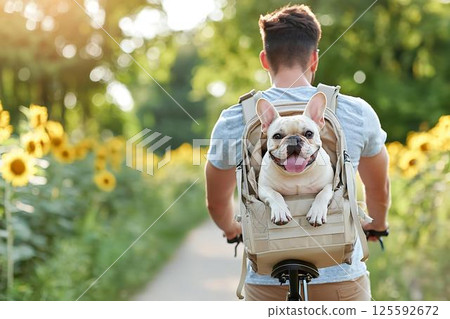 法國鬥牛犬和主人騎車穿過向日葵田 125592672