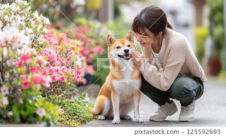 Smiling with a Shiba Inu on a flower-filled path Smiling with a Shiba Inu on a flower-filled path 125592693