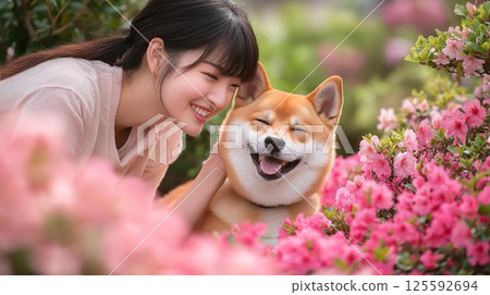 在鮮花盛開的小路上與柴犬微笑 在鮮花盛開的小路上與柴犬微笑 125592694