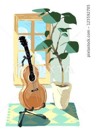 Illustration of a guitar placed on a summer windowsill 125592705