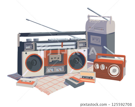紅色復古盒式磁帶播放器和收音機插圖 紅色復古盒式磁帶播放器和收音機插圖 125592708