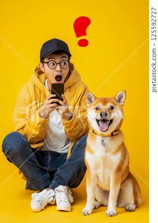 一個男孩和一隻柴犬對他的智慧型手機感到驚訝 125592727