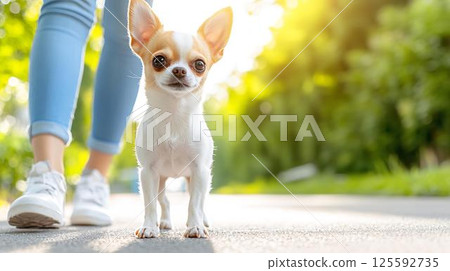 吉娃娃在散步時看著相機 吉娃娃在散步時看著相機 125592735