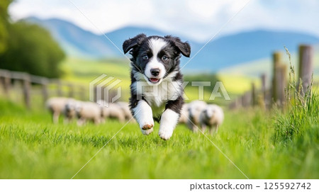一隻活潑的邊境牧羊犬在農場追逐羊群 125592742