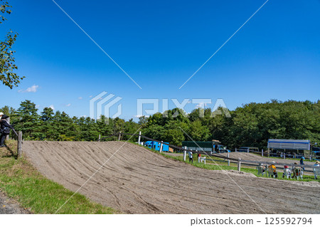 在陽光明媚的日子裡，班巴球場和挽馬 125592794