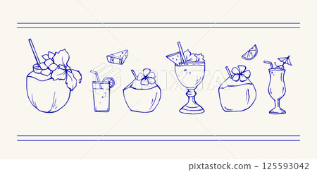 Set of doodles with tropical drinks 125593042