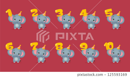 Cute elephant set with anniversary numbers from 1 to 10 vector illustration 125593169