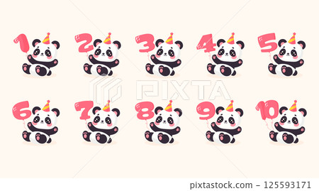 Cute Panda Set with Anniversary Numbers 1 to 10 Flat Vector Illustration 125593171