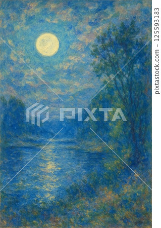 夜空中的滿月與湖畔風景 125593183
