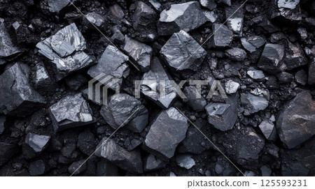 Coal background. Close-up view of a pile of irregularly shaped coal pieces with rough texture and shiny surfaces 125593231