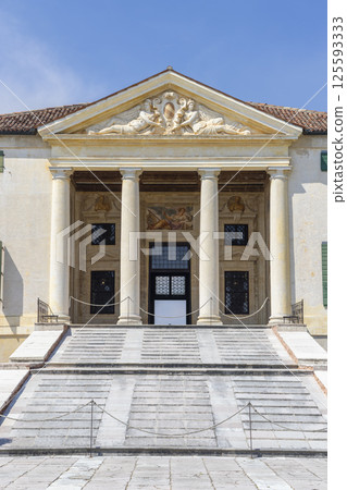 The imposing entrance of Villa Emo, a UNESCO World Heritage site located in Veneto, Italy, showcases Palladian architecture 125593333