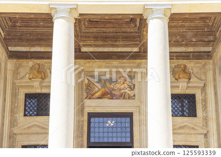 Architectural detail showing frescoes and columns of Villa Emo, a Venetian villa in Vedelago, Veneto, Italy Architectural detail showing frescoes and columns of Villa Emo, a Venetian villa in Vedelago, Veneto, Italy 125593339