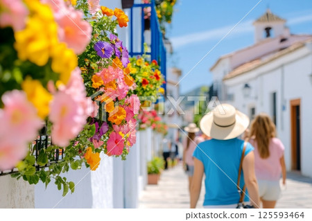 Botanical diagram of a caper plant showcasing its leaves, flowers, and buds for educational use 125593464