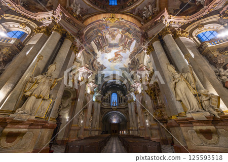 Interior of St. Nicholas Church showing baroque architecture and frescoes in Prague Interior of St. Nicholas Church showing baroque architecture and frescoes in Prague 125593518