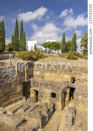 Roman necropolis of carmona showing ancient tombs and burial chambers under blue sky Roman necropolis of carmona showing ancient tombs and burial chambers under blue sky 125593520