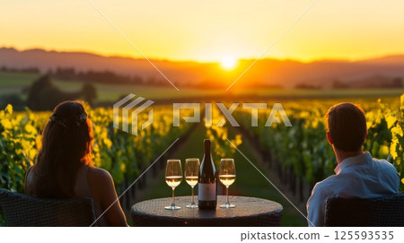Couple enjoys a romantic evening in a vineyard at sunset with wine and beautiful views 125593535