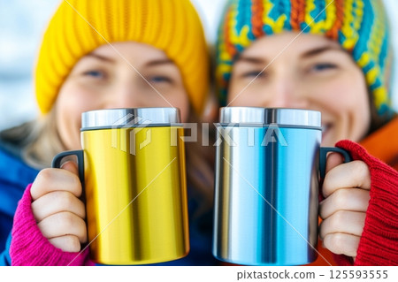 Two friends enjoying hot drinks at a snowy campsite while wearing colorful beanies and jackets 125593555