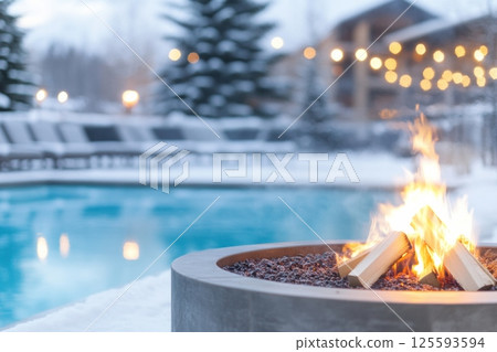 Elegant fire pit enhances luxury winter escape by modern pool surrounded by snow-covered landscape 125593594
