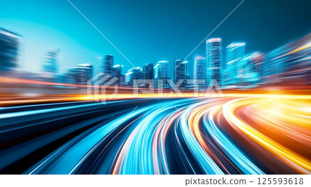 Futuristic cityscape at twilight with glowing skyscrapers and dynamic streets 125593618