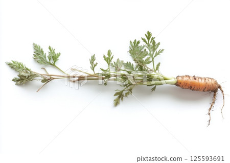 Freshly picked carrot with green leaves and roots on white background 125593691