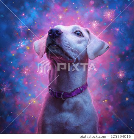 dog with vibrant collar against colorful, glowing background dog with vibrant collar against colorful, glowing background 125594016