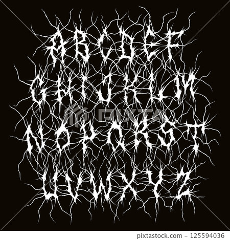 Metal music band font. Death metal alphabet on black background. Metal music band font. Death metal alphabet on black background. 125594036