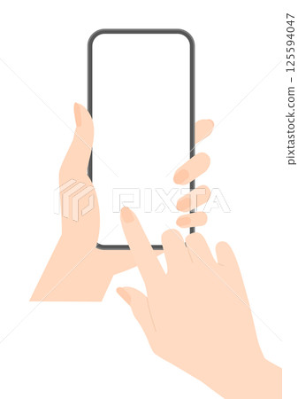 Illustration of a woman's hand holding and touching a smartphone - Image of a person using a smartphone 125594047
