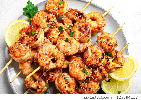 Grilled shrimp prawn skewers 125594118