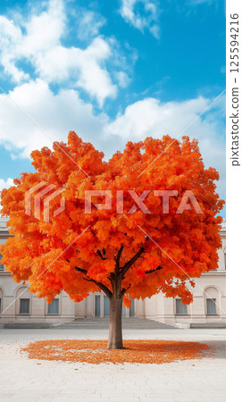Vibrant orange tree against blue sky and clouds 125594216