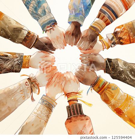 Unity in diversity with hands coming together in collaboration, showcasing teamwork and friendship in vibrant colors 125594404