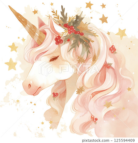 Unique festive unicorn with vibrant curls and holiday decorations set against a bright background Unique festive unicorn with vibrant curls and holiday decorations set against a bright background 125594409
