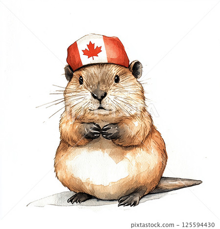 Cute Canadian marmot wearing a red hat with maple leaf designs standing upright in a joyful pose Cute Canadian marmot wearing a red hat with maple leaf designs standing upright in a joyful pose 125594430