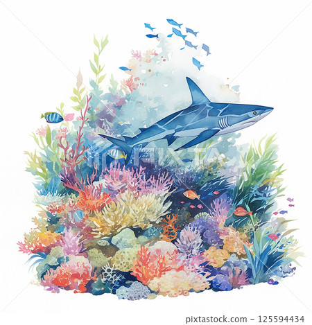 Colorful coral reef ecosystem with a shark swimming gracefully in crystal clear water Colorful coral reef ecosystem with a shark swimming gracefully in crystal clear water 125594434