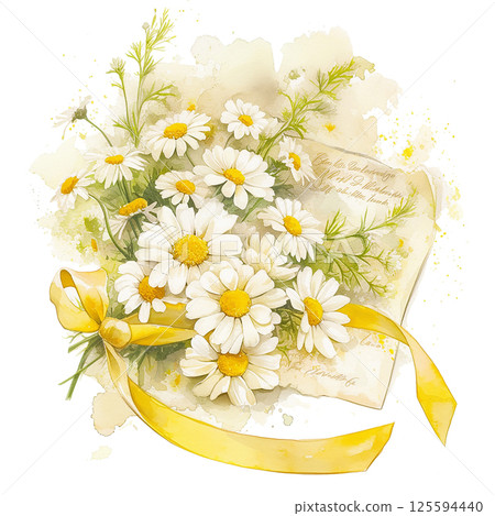 Beautiful bouquet of white daisies surrounded by green foliage in a bright, sunny setting 125594440