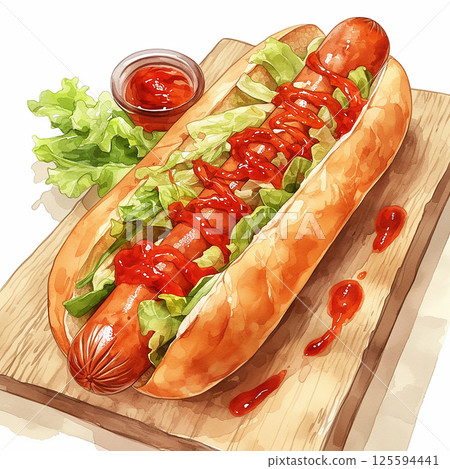 Delicious hot dog with fresh toppings served on wooden board in a cozy setting 125594441
